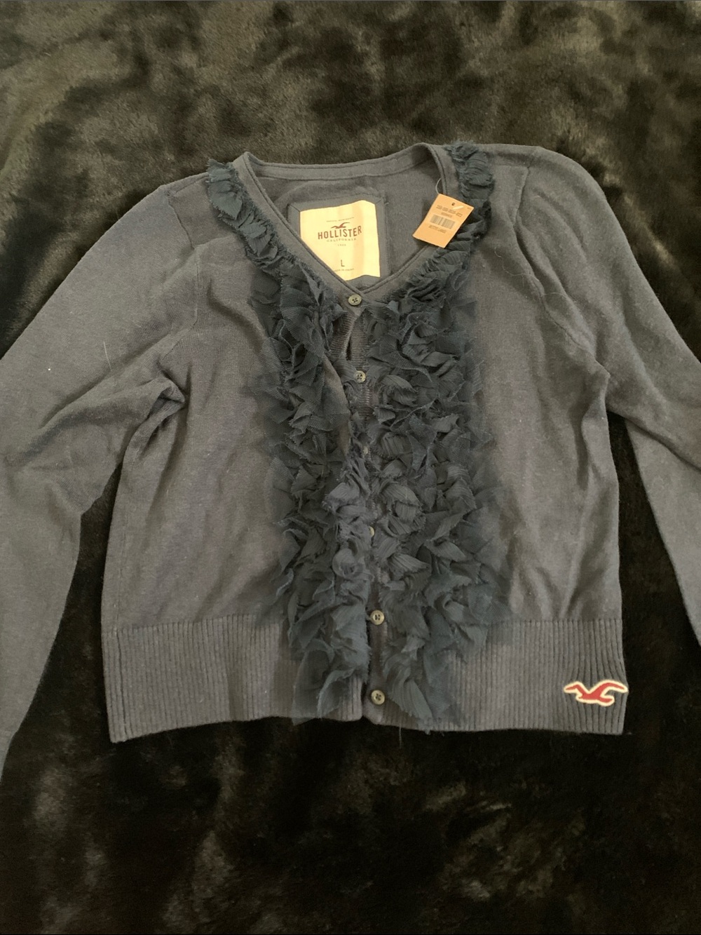 Hollister Navy Ruffle-Trim Button Cardigan